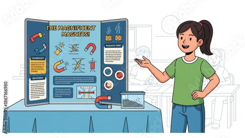 Young girl presenting science project on magnets with informative display board and experiment with education and learning and classroom and school