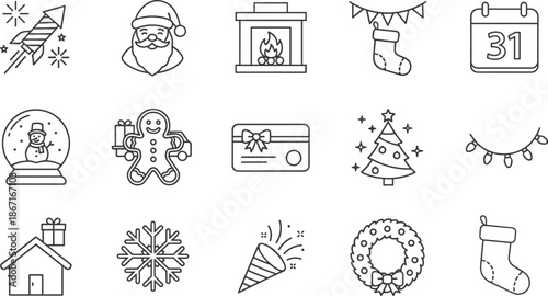 Christmas New Year icons, festive symbols, Santa, snow globe, fireworks, decorations, cad drawing flat vector illustration