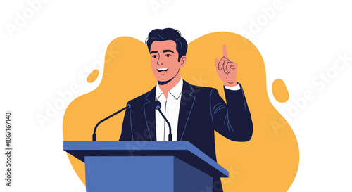 Confident and charismatic man in a suit giving a speech at a podium, gesturing with his finger to emphasize a point during a presentation.