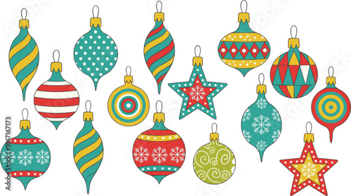 Christmas ornament icons, festive decorations, colorful baubles, holiday symbols, graphic design elements, cad drawing flat vector illustration