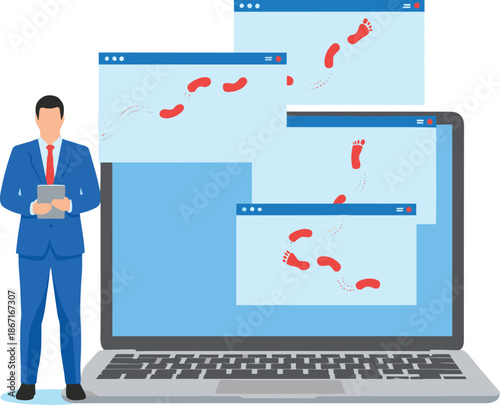 Conceptual Vector Illustration of a Professional Man Standing Next to a Laptop with Windows Displaying Red Digital Footprints