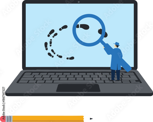 Conceptual Vector Illustration of a Detective Using a Magnifying Glass to Investigate Digital Footprints on a Laptop Screen