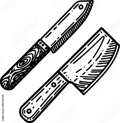 hand drawn kitchen knives illustration chef's knife and cleaver with wooden handles for cooking and food preparation