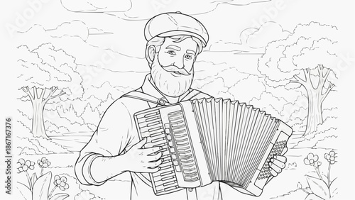 Children's coloring book - A man with a smile plays the accordion