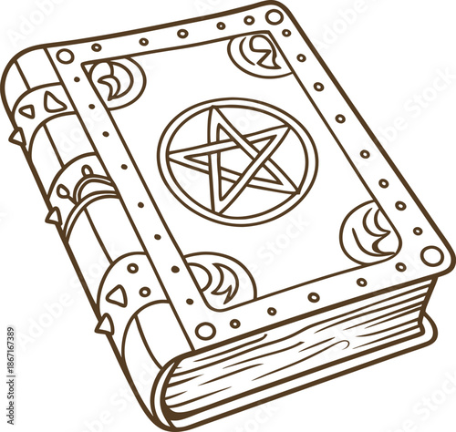Ancient magical book with pentagram and crescent moon symbols, mystical spell grimoire design