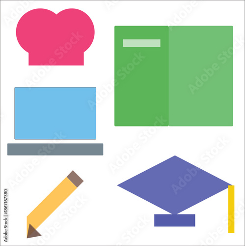 Print Flat vector education and study icons set including book, laptop, pencil and graduation cap. Perfect for e-learning, school projects, educational apps, websites, presentations and infographics.