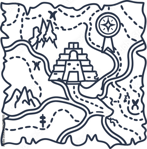 Ancient treasure map illustration with maze paths, pyramids, mountains, and compass rose for navigation