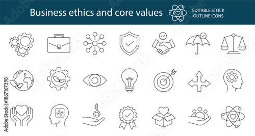 Business ethics and core values editable stroke outline icons set