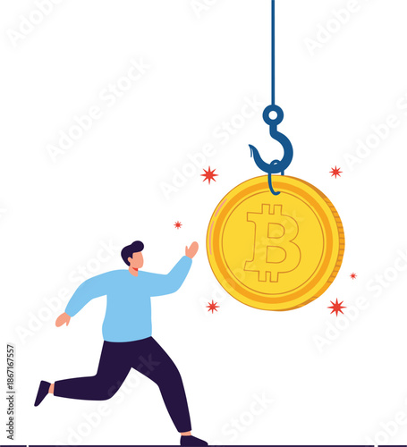 Conceptual Vector Illustration of a Man Running Toward a Bitcoin Gold Coin Attached to a Fishing Hook Metaphor