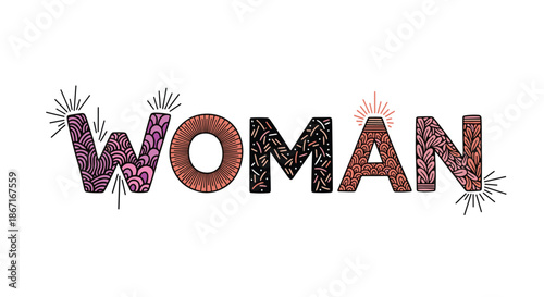 Decorative and artistic typography of the word 'Woman' with each letter filled with intricate, colorful patterns, celebrating femininity.