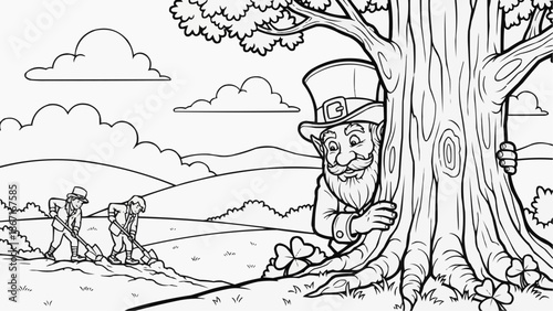 Children's coloring book - A leprechaun hides behind a tree, watching people dig the earth 