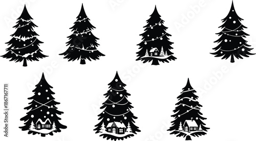 Christmas tree silhouettes, festive holiday decoration, winter season design, black pine trees, cozy cabin art, snow ornaments, seasonal illustration, vector graphic