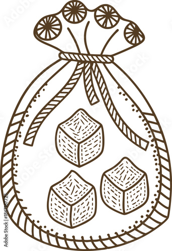 Drawn bag filled with multiple sugar cubes sweetener storage and natural crystal ingredients illustration
