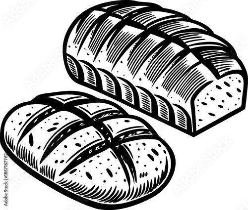 Two loaves of fresh bread with crusty texture and detailed scoring marks