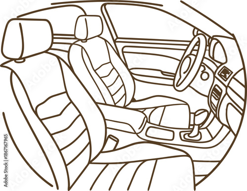 Car interior line drawing, driver and passenger seats with steering wheel and dashboard design