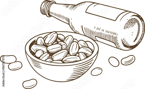 Beer bottle with bowl of peanuts, snack and drink for casual socializing and relaxation