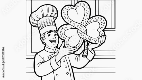 Children's coloring book - Chef demonstrates a decorated pretzel in the shape of a clover in the bakery kitchen