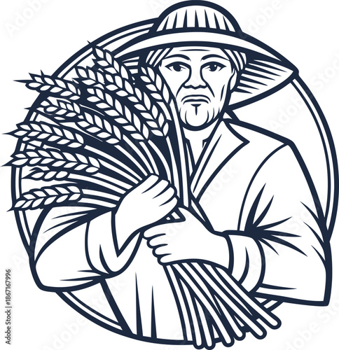 Farmer holding a bundle of wheat grain, harvest and agriculture symbol in vintage
