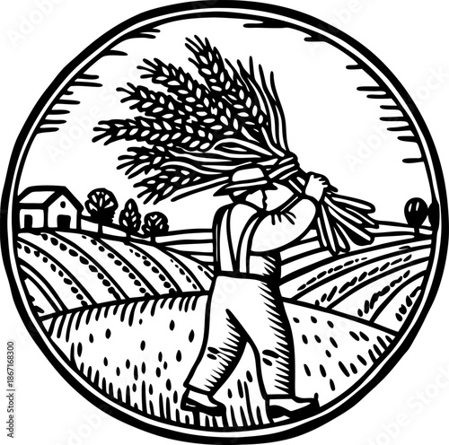 farmer carrying sheaves of wheat in a rural field with farmhouse and trees