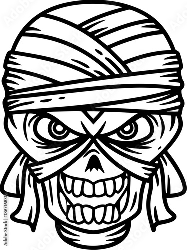 Evil skull with bandana and fierce eyes, creepy halloween pirate skeleton illustration