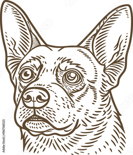 Detailed hand drawn illustration of a dog head with alert ears and attentive eyes