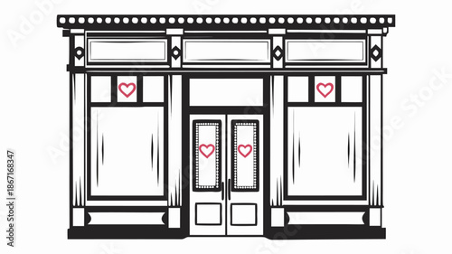 Charming storefront with heart decorations on windows and door