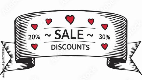 Sale discounts banner with hearts and percentages