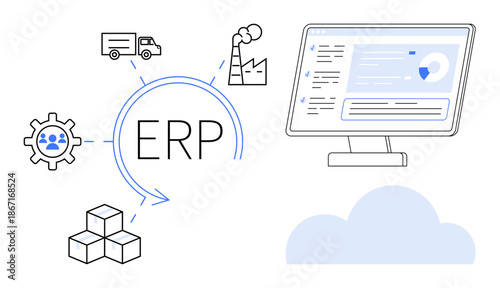 Business management, process optimization, supply chain operations, cloud computing, manufacturing systems, resource planning. ERP text with gear, factory computer screen boxes cloud. Business