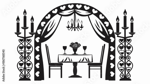 Romantic dinner setup with heart decorated archway and candles