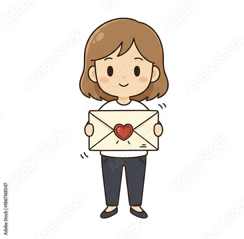 Cute Woman Holding Envelope with Heart Seal