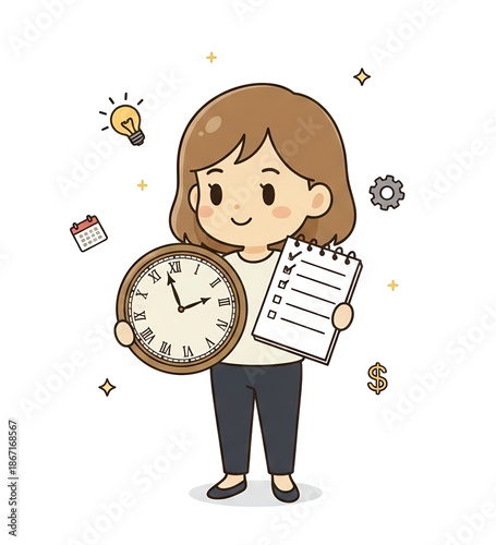 Cute Woman Holding Clock and Notebook Productivity Balance