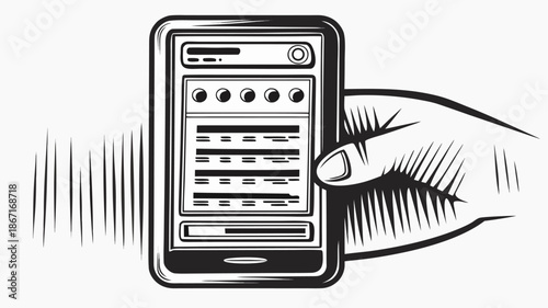 Hand holding a smartphone with a detailed interface on the screen