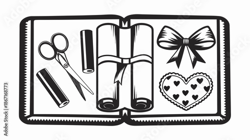 Black and white illustration of crafting tools and gifts
