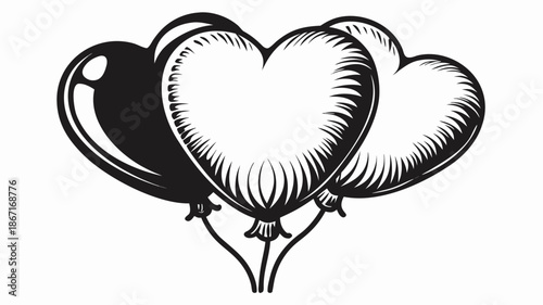 Heart shaped balloons in black and white illustration