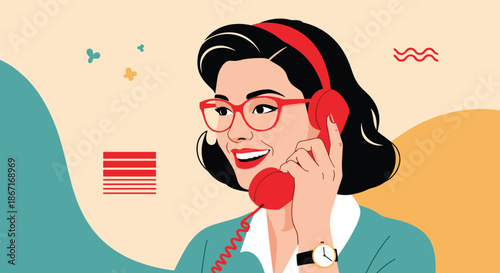 Retro pop art illustration of a smiling, stylish woman with glasses and a red headband talking on a vintage red rotary telephone.