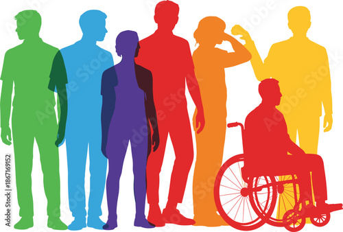 Colorful, diverse, people, silhouettes, including, wheelchair, disability, inclusion, equality, accessibility, community, society, teamwork, human