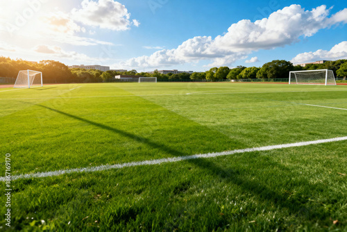 Sunlit Green Soccer Field with Goals