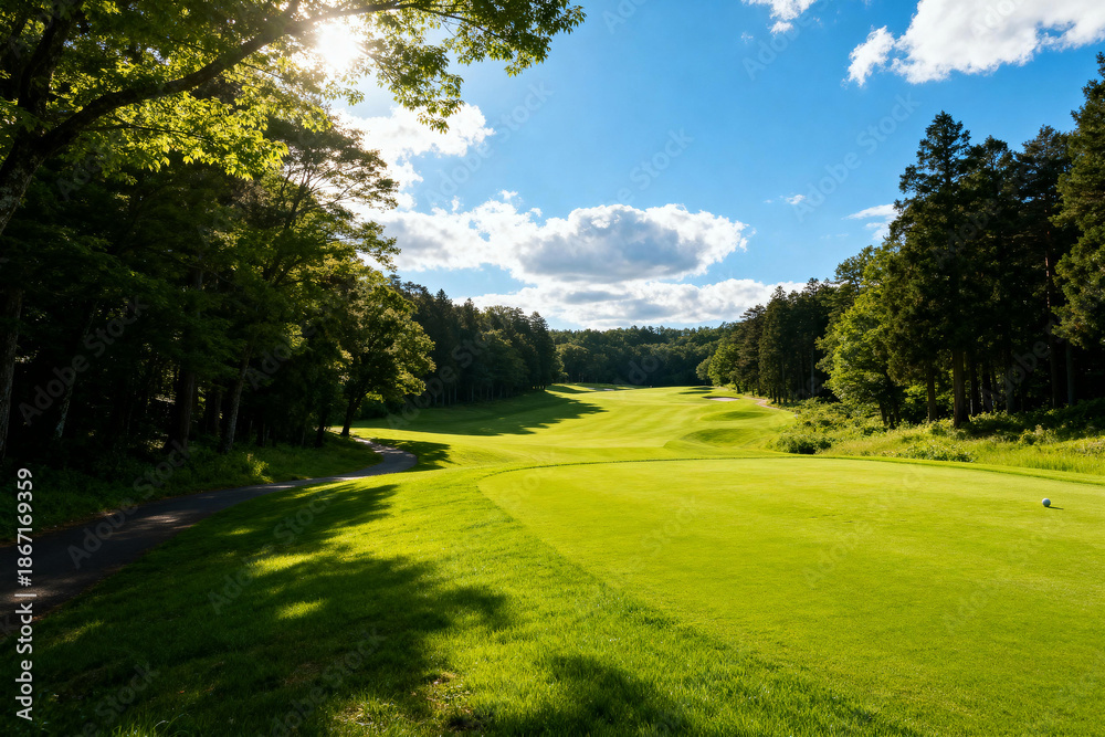 Naklejka premium Lush Green Golf Course in Forested Landscape