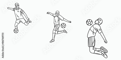 Minimalist Soccer Player Action Set Kicking and Heading Football Illustration