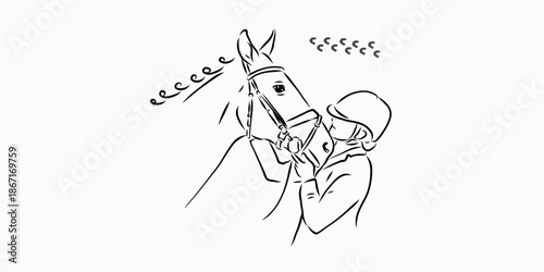 Minimalist Line Art of Rider Embracing Horse for Equestrian Bond and Sports Concept