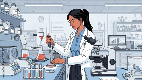 Female scientist in laboratory working with pipette and microscope with research and science and woman and beaker and test tube and lab coat