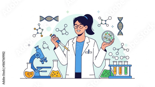 Female scientist in lab coat examining petri dish and pipette with various laboratory equipment and molecular structures around her with research