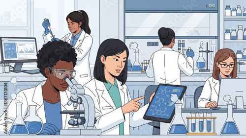 Diverse group of scientists working together in a modern laboratory setting with various equipment and technology with microscope and computer