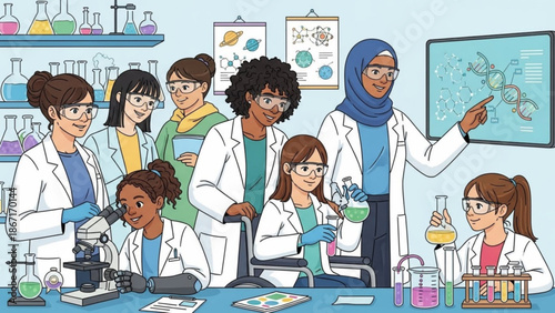 Diverse group of young scientists in lab coats working together in a laboratory setting with various equipment and colorful chemicals with research