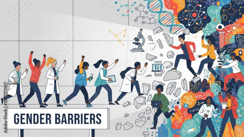 Diverse group of people breaking through gender barriers in science and technology with a colorful abstract background with gender equality and diversity