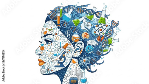 Science and technology concept with a woman's face made of various scientific symbols and objects with research and innovation and discovery