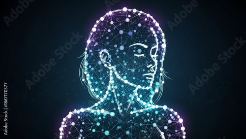 A futuristic illustration of a woman's head and shoulders with a network of glowing blue and white lines and dots on her face and body against a dark background