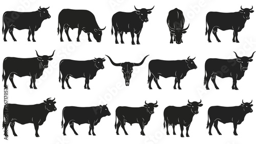 Collection of Silhouettes of Various Cattle Breeds and Poses, Including Bulls and Cows.