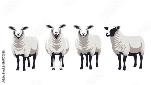 Four sheep standing in a row, two facing forward and two in profile, against a white background.