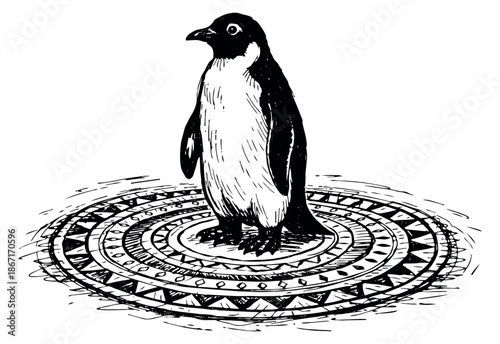 Hand drawn line art illustration of a penguin depicting its upright posture on a decorative circular pattern for winter and nature themes